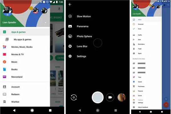 從左到右分別是 Play Store，Google Camera 及 Inbox